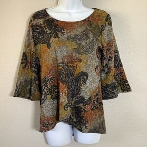 Multicolor Earthy Artsy Fairy Grunge Paisley Ribbed Knit Flare Sleeve Top PM